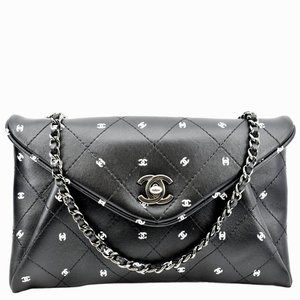 CHANEL  CC Envelope Printed Lambskin Leather Chain Clutch Bag Black